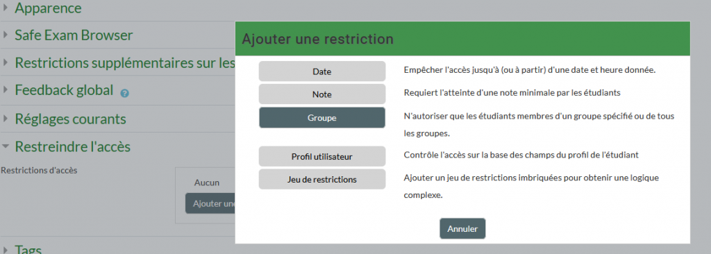 Paramètre restreindre l'accès QCM sur TicéA